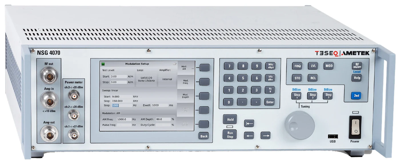 Teseq NSG 4070C-LFCP front panel showing the LAS 6120 test menu