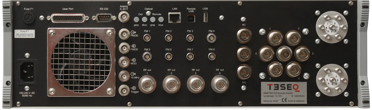 NSG 6000A rear panel with generator outputs, switch options and power meter inputs